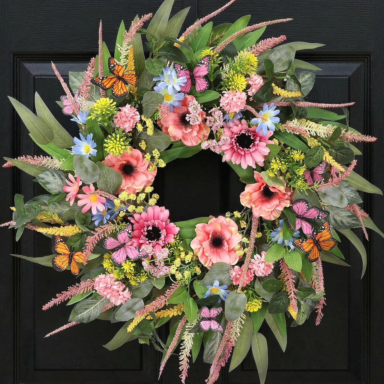 24-Inch Spring Wreath for Front Door – Handcrafted Floral Wreath with Eucalyptus, Pink Flowers & Butterfly, Farmhouse Indoor Outdoor Home Decor